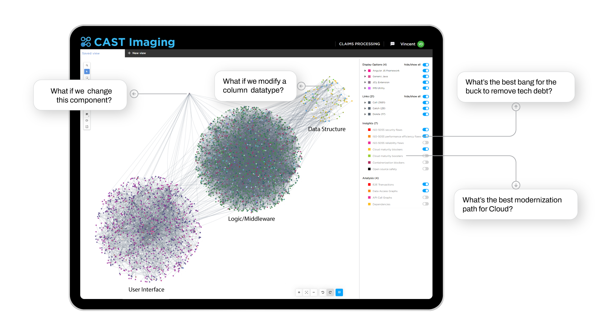 Visualization of a claims management custom application with 46,000 objects in CAST Imaging Visualization of a claims management custom application with 46,000 objects in CAST Imaging